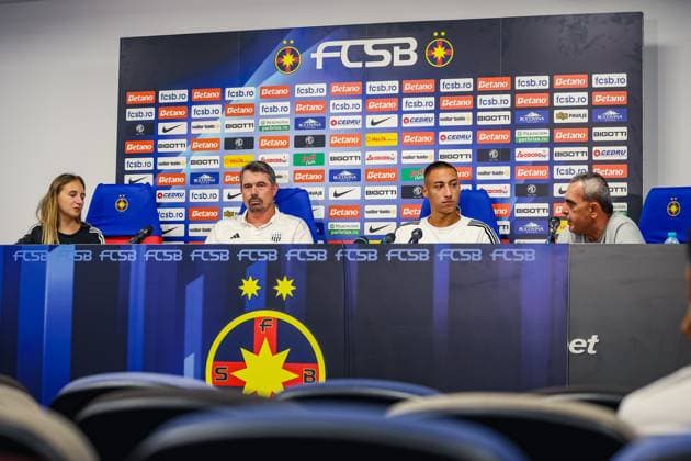 SOCCER - UEFA EL, Bukarest vs LASK BUCHAREST,ROMANIA,28.AUG.24 - SOCCER - UEFA Europa League, qualification, FCSB Bukarest vs Linzer ASK, preview, press conference, PK, Pressekonferenz LASK. Image shows head coach Thomas Darazs (LASK) and Marin Ljubicic (LASK).  GEPAxpictures xManuelxBinder