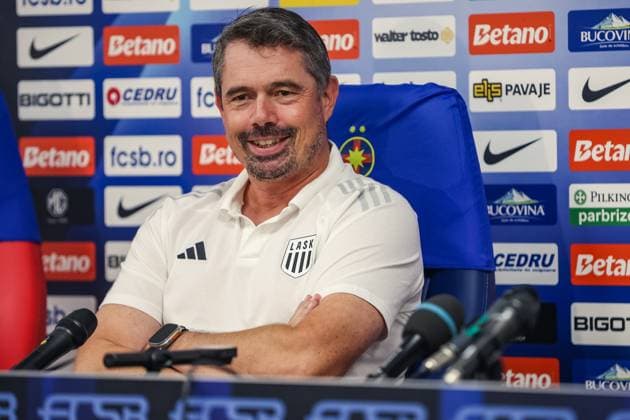 SOCCER - UEFA EL, Bukarest vs LASK BUCHAREST,ROMANIA,28.AUG.24 - SOCCER - UEFA Europa League, qualification, FCSB Bukarest vs Linzer ASK, preview, press conference, PK, Pressekonferenz LASK. Image shows head coach Thomas Darazs (LASK).  GEPAxpictures xManuelxBinder