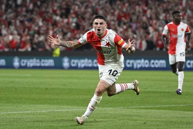 Christos Zafeiris (Slavia) celebrates opening goal during the UEFA Champions League, 4th qualifying round, return match SK Slavia Praha (Czechia) vs Lille OSC (France), in Prague, Czech Republic, on August 28, 2024. (CTKxPhoto MichalxKamaryt) CTKPhotoP2024082807780  CTKPhotoP2024082807780