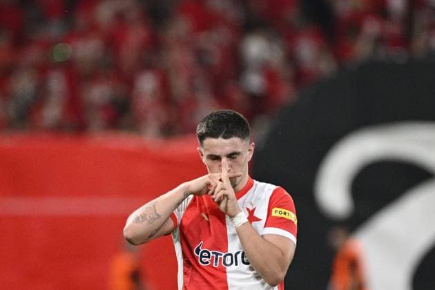 Christos Zafeiris (Slavia) celebrates opening goal during the UEFA Champions League, 4th qualifying round, return match SK Slavia Praha (Czechia) vs Lille OSC (France), in Prague, Czech Republic, on August 28, 2024. (CTKxPhoto MichalxKamaryt) CTKPhotoP2024082807834  CTKPhotoP2024082807834