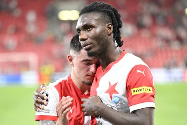 L-R Christos Zafeiris and Igoh Ogbu (both Slavia) are seen after the UEFA Champions League, 4th qualifying round, return match SK Slavia Praha (Czechia) vs Lille OSC (France), in Prague, Czech Republic, on August 28, 2024. (CTKxPhoto MichalxKamaryt) CTKPhotoP2024082808817  CTKPhotoP2024082808817