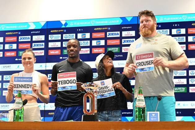 Sport Themen der Woche KW35 Sport Bilder des Tages Foto IPP Roberto Ramaccia Roma 29 8 2024 Conferenza Stampa Atletica Roma Diamond League 2024 Nella foto Nina Kennedy , Letsile Tebogo, Tara Davis-Woodhall, Ryan Crouser Italy Photo Press - World Copyright Roma italy  Copyright: xR4924_italyphotopressx