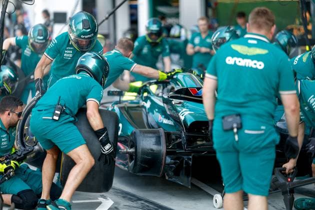 Aston Martin Aramco F1 Team during pit stop practice, F1 Grand Prix of Italy at Autodromo Nazionale Monza on August 29, 2024 in Monza, Italy. (Photo by HOCH ZWEI) Monza Italy