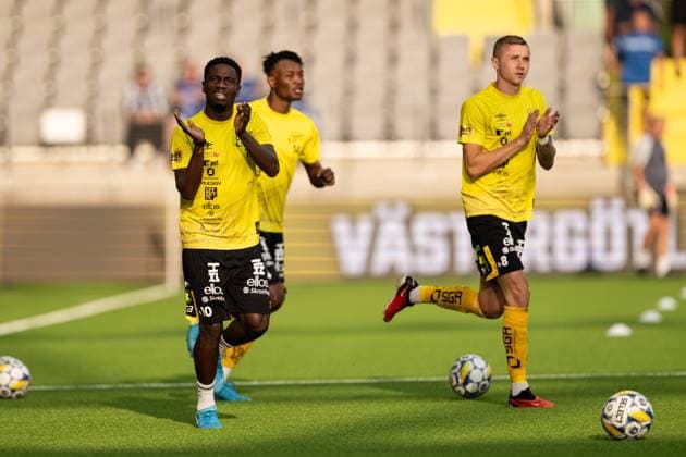 240829 Michael Baidoo and Sebastian Holmen of Elfsborg during warmup ahead off the UEFA Europa League playoff between Elfsborg and Molde on August 29, 2024 in Boras. Photo: Jörgen Jarnberger BILDBYRAN COP 112 JJ0394 fotboll football soccer fotball uefa europa league playoff elfsborg molde bbeng Copyright: JÖRGENxJARNBERGER BB240829JJ006