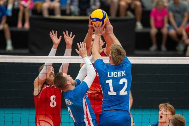 At right is Czech Martin Licek in action during the Men s European Volleyball Championship qualification group C match: Czech Republic vs Norway in Tabor, Czech Republic, August 29, 2024. (CTKxPhoto VaclavxPancer) CTKPhotoP2024082906477  CTKPhotoP2024082906477