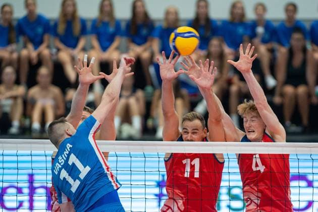 From left Czech Lukas Vasina, Andreas Takvam, Oskar Espeland, both of Norway in action during the Men s European Volleyball Championship qualification group C match: Czech Republic vs Norway in Tabor, Czech Republic, August 29, 2024. (CTKxPhoto VaclavxPancer) CTKPhotoP2024082906601  CTKPhotoP2024082906601