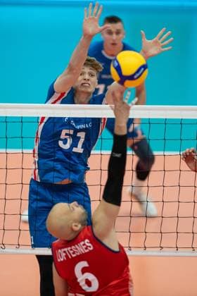 From left Czech Jakub Klajmon, Mathias Loftesnes of Norway in action during the Men s European Volleyball Championship qualification group C match: Czech Republic vs Norway in Tabor, Czech Republic, August 29, 2024. (CTKxPhoto VaclavxPancer) CTKPhotoP2024082906892  CTKPhotoP2024082906892