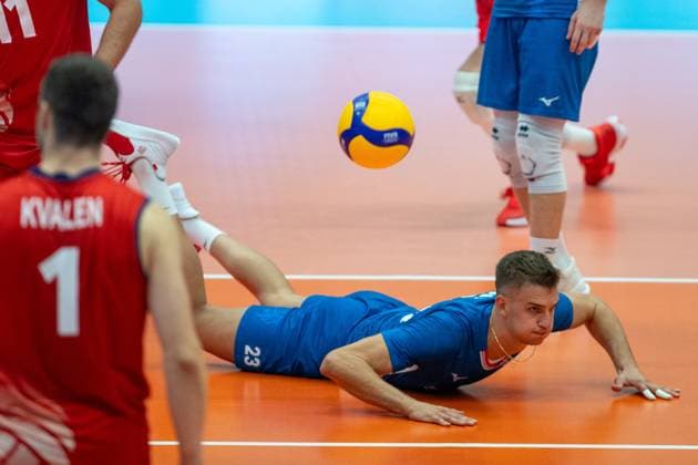 Czech Patrik Indra in action during the Men s European Volleyball Championship qualification group C match: Czech Republic vs Norway in Tabor, Czech Republic, August 29, 2024. (CTKxPhoto VaclavxPancer) CTKPhotoP2024082906907  CTKPhotoP2024082906907