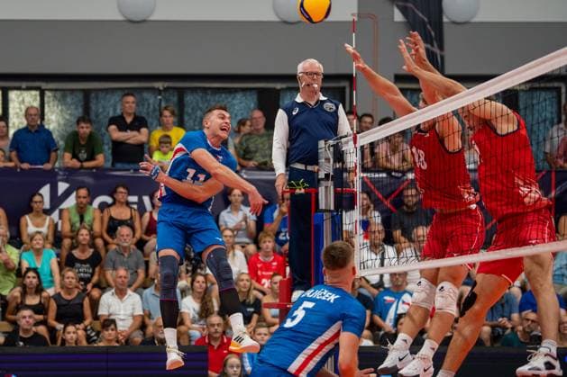 From left Czech Lukas Vasina in action during the Men s European Volleyball Championship qualification group C match: Czech Republic vs Norway in Tabor, Czech Republic, August 29, 2024. (CTKxPhoto VaclavxPancer) CTKPhotoP2024082907245  CTKPhotoP2024082907245