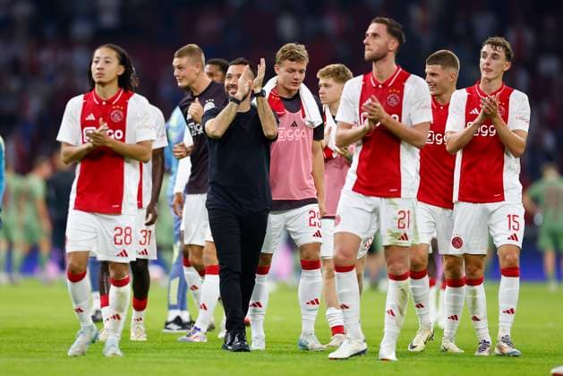 AMSTERDAM, 29-08-2024 , JohanCruyff Arena, Europa League Play Offs, season 2024 2025, Ajax- Jagiellonia Bialystok. Ajax celebrating win 3-0, Ajax player Christian Rasmussen Ajax - Jagiellonia Bialystok  x26143714x Copyright: