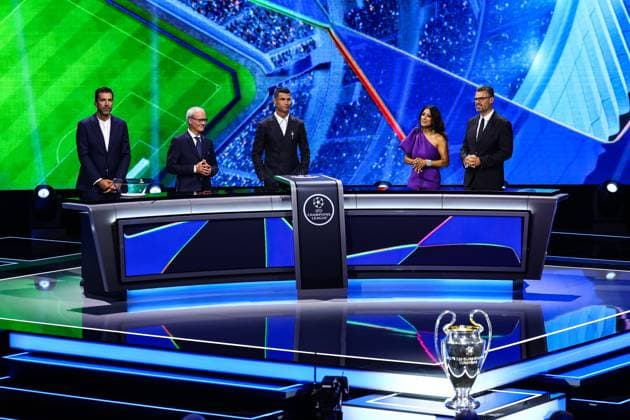 29th of August 2024 - UEFA CHAMPIONS LEAGUE KICK OFF 2024 2025 - DRAW LOTTERY WITH AI - FORUM GRIMALDI A general view of draw lottery with buffon (gianluigi) and ronaldo (cristiano) with chowdhury (reshmin) with pinto (pedro) MONACO MONACO Copyright: xSPORTPIXPRESSx xFREDxPORCUx