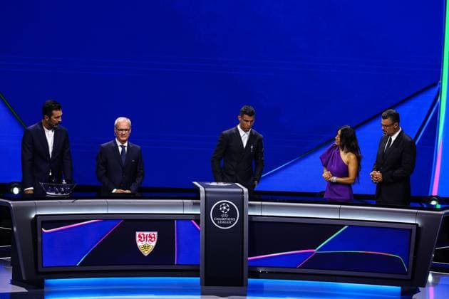 29th of August 2024 - UEFA CHAMPIONS LEAGUE KICK OFF 2024 2025 - DRAW LOTTERY WITH AI - FORUM GRIMALDI A general view with Vfb Stuttgart 1893 Logo during the draw lottery with buffon (gianluigi) and ronaldo (cristiano) with chowdhury (reshmin) with pinto (pedro) MONACO MONACO Copyright: xSPORTPIXPRESSx xFREDxPORCUx