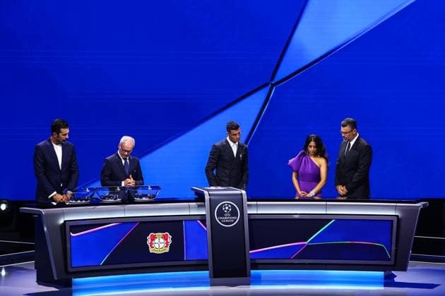 29th of August 2024 - UEFA CHAMPIONS LEAGUE KICK OFF 2024 2025 - DRAW LOTTERY WITH AI - FORUM GRIMALDI A general view with Bayer 04 Leverkusen Logo during the draw lottery with buffon (gianluigi) and ronaldo (cristiano) with chowdhury (reshmin) with pinto (pedro) MONACO MONACO Copyright: xSPORTPIXPRESSx xFREDxPORCUx