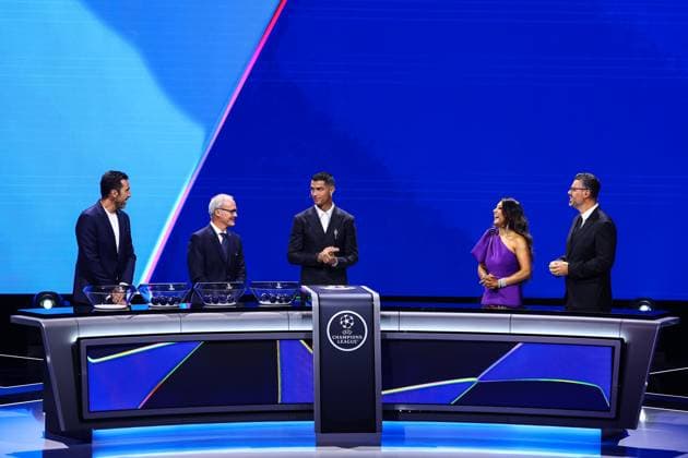 29th of August 2024 - UEFA CHAMPIONS LEAGUE KICK OFF 2024 2025 - DRAW LOTTERY WITH AI - FORUM GRIMALDI A general view of draw lottery with buffon (gianluigi) and ronaldo (cristiano) with chowdhury (reshmin) with pinto (pedro) MONACO MONACO Copyright: xSPORTPIXPRESSx xFREDxPORCUx