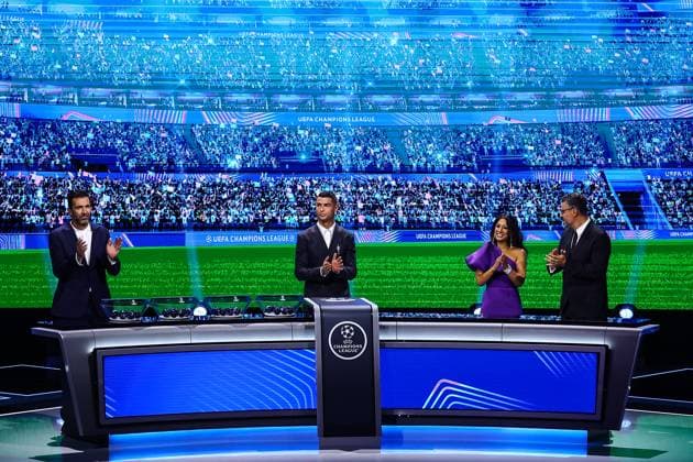 29th of August 2024 - UEFA CHAMPIONS LEAGUE KICK OFF 2024 2025 - DRAW LOTTERY WITH AI - FORUM GRIMALDI A general view of draw lottery with buffon (gianluigi) and ronaldo (cristiano) with chowdhury (reshmin) with pinto (pedro) MONACO MONACO Copyright: xSPORTPIXPRESSx xFREDxPORCUx