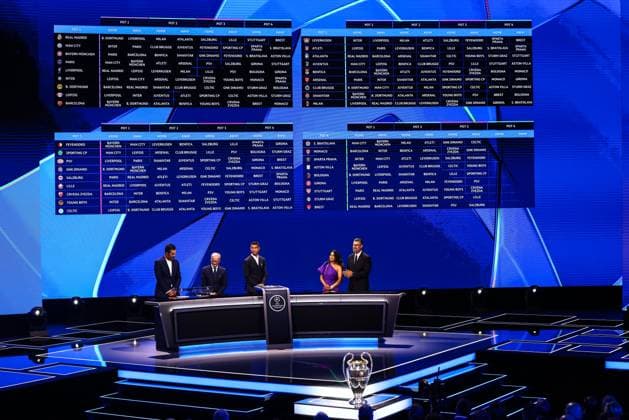 29th of August 2024 - UEFA CHAMPIONS LEAGUE KICK OFF 2024 2025 - DRAW LOTTERY WITH AI - FORUM GRIMALDI A general view of the UEFA AI draw lottery with buffon (gianluigi) and ronaldo (cristiano) on the sight of chowdhury (reshmin) and pinto (pedro) MONACO MONACO Copyright: xSPORTPIXPRESSx xFREDxPORCUx