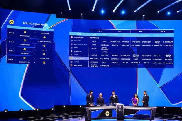 29th of August 2024 - UEFA CHAMPIONS LEAGUE KICK OFF 2024 2025 - DRAW LOTTERY WITH AI - FORUM GRIMALDI A general view of the UEFA AI draw lottery with buffon (gianluigi) and ronaldo (cristiano) on the sight of chowdhury (reshmin) and pinto (pedro) MONACO MONACO Copyright: xSPORTPIXPRESSx xFREDxPORCUx