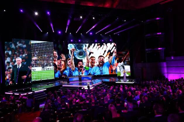 29th of August 2024 - UEFA CHAMPIONS LEAGUE KICK OFF 2024 2025 - DRAW LOTTERY WITH AI - FORUM GRIMALDI A general view of the UEFA AI draw lottery with buffon (gianluigi) and ronaldo (cristiano) on the sight of chowdhury (reshmin) and pinto (pedro) MONACO MONACO Copyright: xSPORTPIXPRESSx xFREDxPORCUx