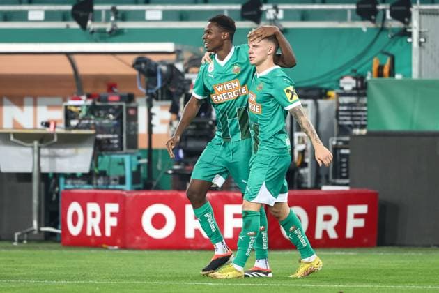SOCCER - UEFA EL, Rapid vs Braga VIENNA,AUSTRIA,29.AUG.24 - SOCCER - UEFA Europa League, qualification, SK Rapid Wien vs Sporting Club de Braga. Image shows the rejoicing of Mamadou Sangare and Isak Jansson (Rapid).  GEPAxpictures xArminxRauthner
