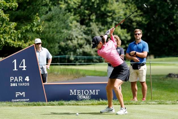 NORTON, MA - AUGUST 29: Elizabeth Szokol drives from the 14th tee during the first round of the FM Global Championship on August 29, 2024, at TPC Boston in Norton, Massachusetts. (Photo by Fred Kfoury III Icon Sportswire) GOLF: AUG 29 LPGA, Golf Damen FM Global Championship EDITORIAL USE ONLY Icon482240829024