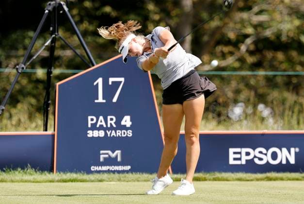NORTON, MA - AUGUST 29: Elizabeth Rudisill drives from the 17th tee during the first round of the FM Global Championship on August 29, 2024, at TPC Boston in Norton, Massachusetts. (Photo by Fred Kfoury III Icon Sportswire) GOLF: AUG 29 LPGA, Golf Damen FM Global Championship EDITORIAL USE ONLY Icon482240829051