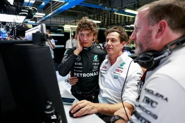 12 Andrea Kimi Antonelli (ITA, Mercedes-AMG Petronas F1 Team), Toto Wolff (AUT, Mercedes-AMG Petronas F1 Team), F1 Grand Prix of Italy at Autodromo Nazionale Monza on August 30, 2024 in Monza, Italy. (Photo by HOCH ZWEI) Monza Italy