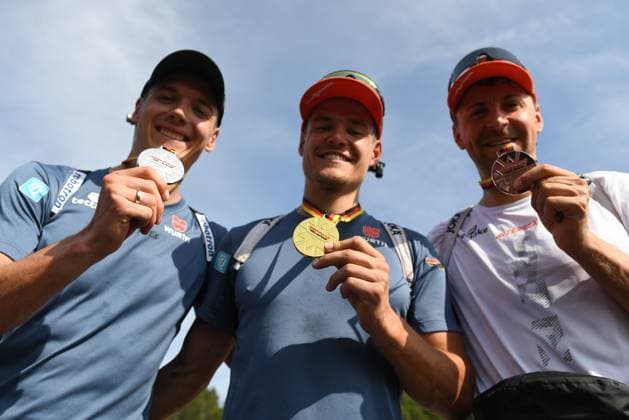 Sport Themen der Woche KW35 Sport Bilder des Tages 30.08.2024, Altenberg, Deutschland (GER): STRELOW Justus, SG Stahl Schmiedeberg, HORN Philipp, SV Frankenhain, NAWRATH Philipp, SK Nesselwang Biathlon, Deutsche Meisterschaft Biathlon, Kurzer Einzel Herren 15 km *** 30 08 2024, Altenberg, Germany (GER): short individual men 15 km Biathlon, German Championships,