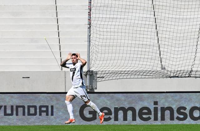 Fussball - 2. Bundesliga - Saison 2024 25 31.08.2024 Ursapharm-Arena SV Elversberg (elv) - SV Darmstadt 98 (da) Torschütze zum 1:0: Luca SCHNELLBACHER (SV Elversberg) Fussball - 2. Bundesliga - SV Elversberg