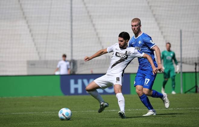31.08.2024, xmohx, Fussball 2.Bundesliga, SV Elversberg - SV Darmstadt 98 emspor, v.l. Semih Sahin (SV Elversberg), Kai Klefisch (SV Darmstadt 98) (DFL DFB REGULATIONS PROHIBIT ANY USE OF PHOTOGRAPHS as IMAGE SEQUENCES and or QUASI-VIDEO) Elversberg