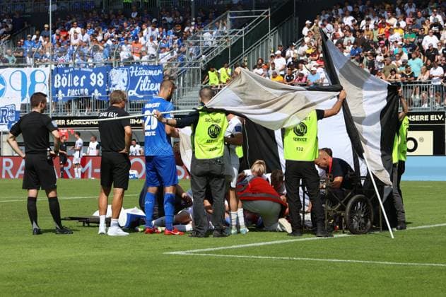 31.08.2024, Fussball, Herren, 2. Bundesliga, Saison 2024 2025, SV 07 Elversberg - SV Darmstadt 98, Florian Le Joncour (SV 07 Elversberg) verletzt Elversberg Ursapharm-Arena an der Kaiserlinde Saarland Deutschland (DE)
