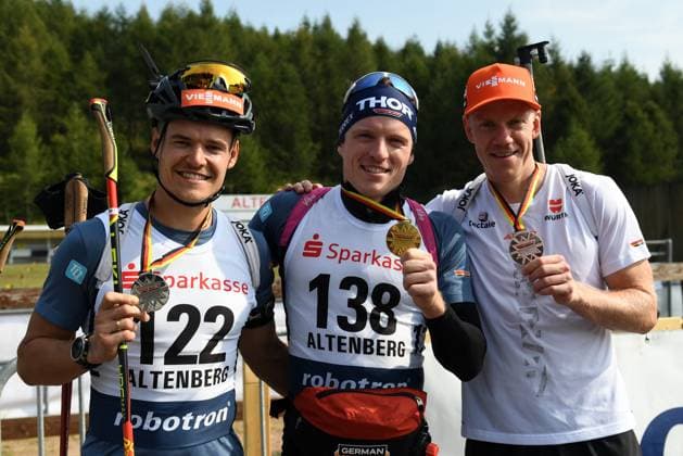 Sport Themen der Woche KW35 Sport Bilder des Tages 31.08.2024, Altenberg, Deutschland (GER): HORN Philipp SV Frankenhain, FRATZSCHER Lucas WSV Oberhof, REES Roman SV Schauinsland Biathlon, Deutsche Meisterschaft, Sprint Herren 10 km *** 31 08 2024, Altenberg, Germany (GER): sprint men 10 km Biathlon, German Championships,