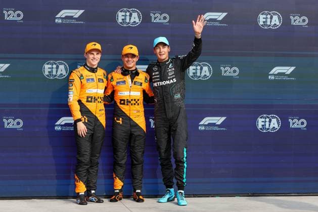 l-r: 2 Startplatz Oscar Piastri (McLaren), Pole-Position Lando Norris (McLaren), 3 Startplatz George Russell (Mercedes-AMG), Qualifying, Grosser Preis von Italien, Motorsport, Herren, Formel 1, 31.08.2024 Monza Lombardei Italien
