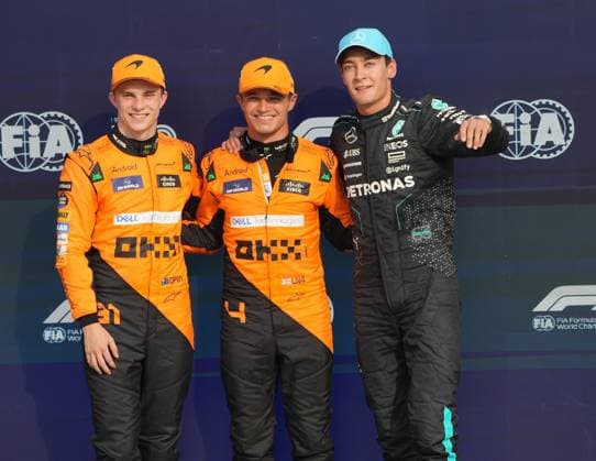 31.08.2024, Autodromo Nazionale di Monza, Monza, FORMULA 1 PIRELLI GRAN PREMIO D ITALIA 2024 ,im Bild Poleposition für Lando Norris (GBR), McLaren F1 Team, 2. Startplatz für Oscar Piastri (AUS), 3. Startplatz für George Russell (GBR), Mercedes-AMG Petronas Formula One Team Defodi-506_20240831_hbr_3210