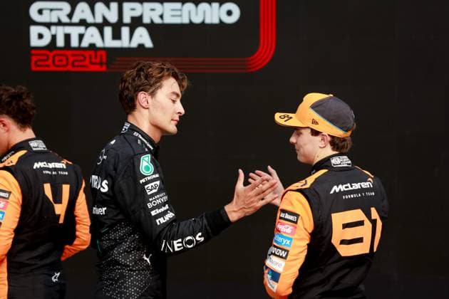 63 George Russell (GBR, Mercedes-AMG Petronas F1 Team), 81 Oscar Piastri (AUS, McLaren Formula 1 Team), F1 Grand Prix of Italy at Autodromo Nazionale Monza on August 31, 2024 in Monza, Italy. (Photo by HOCH ZWEI) Monza Italy
