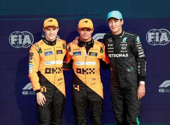 81 Oscar Piastri (AUS, McLaren Formula 1 Team), 4 Lando Norris (GBR, McLaren Formula 1 Team), 63 George Russell (GBR, Mercedes-AMG Petronas F1 Team), F1 Grand Prix of Italy at Autodromo Nazionale Monza on August 31, 2024 in Monza, Italy. (Photo by HOCH ZWEI) Monza Italy