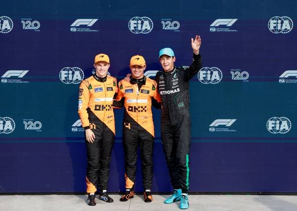 81 Oscar Piastri (AUS, McLaren Formula 1 Team), 4 Lando Norris (GBR, McLaren Formula 1 Team), 63 George Russell (GBR, Mercedes-AMG Petronas F1 Team), F1 Grand Prix of Italy at Autodromo Nazionale Monza on August 31, 2024 in Monza, Italy. (Photo by HOCH ZWEI) Monza Italy