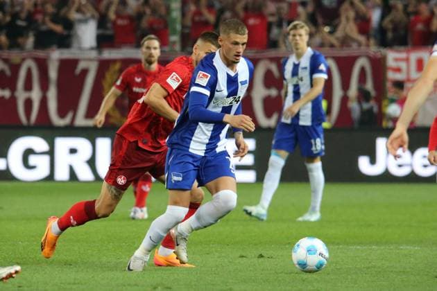 31.08.2024, xmohx, Fussball 2.Bundesliga, 1. FC Kaiserslautern - Hertha BSC Berlin emspor, v.l. Michael Cuisance (Hertha BSC Berlin) (DFL DFB REGULATIONS PROHIBIT ANY USE OF PHOTOGRAPHS as IMAGE SEQUENCES and or QUASI-VIDEO) Kaiserlautern