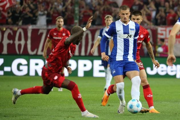31.08.2024, xmohx, Fussball 2.Bundesliga, 1. FC Kaiserslautern - Hertha BSC Berlin emspor, v.l. Michael Cuisance (Hertha BSC Berlin) (DFL DFB REGULATIONS PROHIBIT ANY USE OF PHOTOGRAPHS as IMAGE SEQUENCES and or QUASI-VIDEO) Kaiserlautern