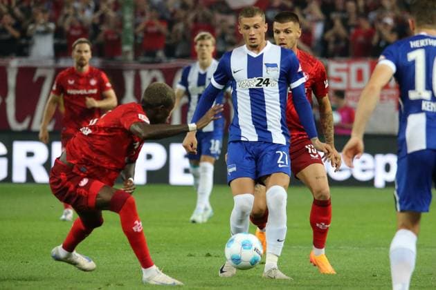 31.08.2024, xmohx, Fussball 2.Bundesliga, 1. FC Kaiserslautern - Hertha BSC Berlin emspor, v.l. Michael Cuisance (Hertha BSC Berlin) (DFL DFB REGULATIONS PROHIBIT ANY USE OF PHOTOGRAPHS as IMAGE SEQUENCES and or QUASI-VIDEO) Kaiserlautern