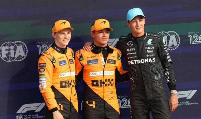 - Formula 1 - Formula 1 - Pirelli Gran Premio d Italia 2024 - Qualifying Monza- F1 Italy Grand Prix Formula 1 Monza Qualifying Podium 04 Lando Norris Team McLaren F1 63 George Russell Team Mercedes-AMG F1 81 Oscar Piastri Team McLaren F1 Monza Italy  Copyright: xIPAxSport ABACAx