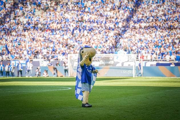 Fußball: 2. Bundesliga Saison 2024 - 2025, 4. Spieltag - FC Schalke 04 vs. 1. FC Köln - Veltins-Arena, Gelsenkirchen: Schalke Maskottchen Erwin auf dem Rasen