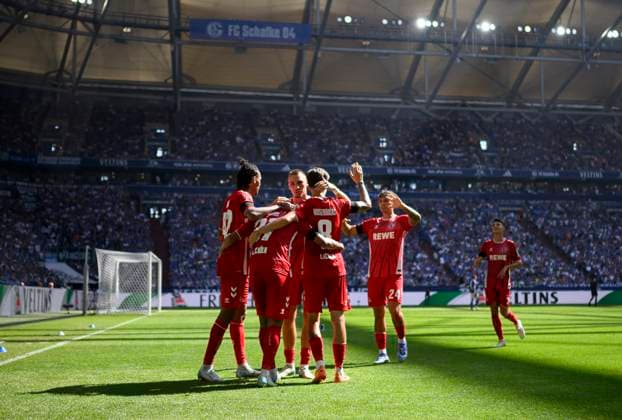Jubel K um Linton MAINA (K) nach seinem Tor zum 0:2, v.l. Damion DOWNS (K), Linton MAINA (K), Tim LEMPERLE (K), Denis HUSEINBASIC (K). Julian PAULI (K), Fussball 2. Bundesliga, 4.Spieltag, FC Schalke 04 (GE) - 1. FC Koeln (K), am 01.09.2024 in Gelsenkirchen Deutschland. DFL regulations prohibit any use of photographs as image sequences and or quasi-video Â