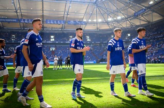 v.l. Paul SEGUIN (GE), Adrian GANTENBEIN (GE), Martin WASINSKI (GE), Max GRUEGER (Grüger)(GE), enttaeuscht nach dem Spiel, Fussball 2. Bundesliga, 4.Spieltag, FC Schalke 04 (GE) - 1. FC Koeln (K) 1:3, am 01.09.2024 in Gelsenkirchen Deutschland. DFL regulations prohibit any use of photographs as image sequences and or quasi-video Â