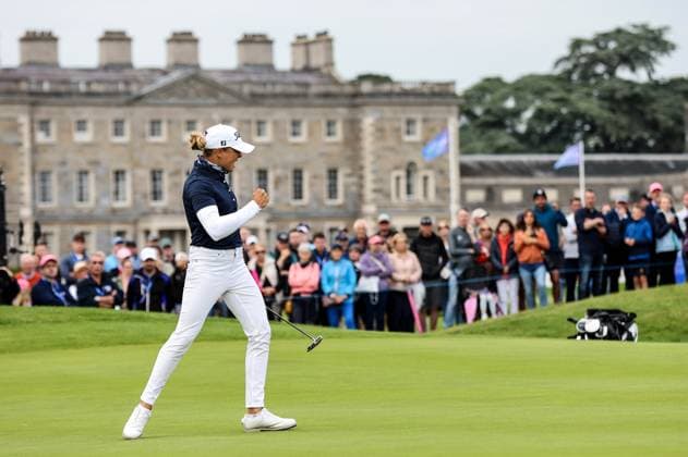 2024 KPMG Women s Irish Open, Carton House, Kildare 1 9 2024 Pauline Roussin-Bouchard celebrates a par on the 18th Pauline Roussin-Bouchard celebrates a par on the 18th 1 9 2024  Copyright: x INPHO BenxBradyx BB_11346