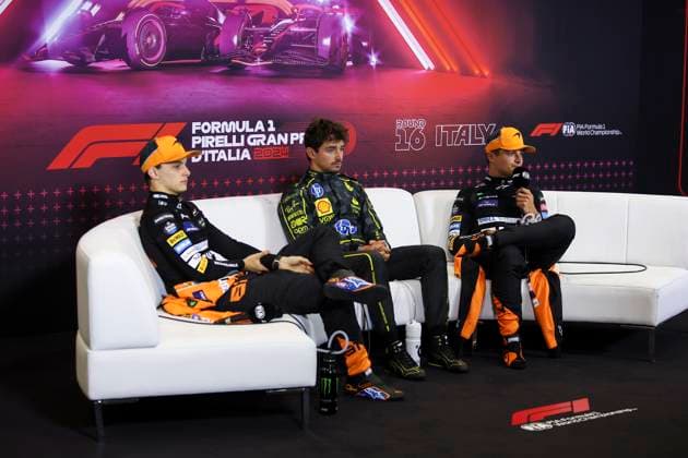 LECLERC Charles (mco), Scuderia Ferrari SF-24, portrait, NORRIS Lando (gbr), McLaren F1 Team MCL38, portrait and PIASTRI Oscar (aus), McLaren F1 Team MCL38, portrait press conference, PK, Pressekonferenz during the Formula 1 Pirelli Gran Premio d’Italia 2024, Italian Grand Prix 2024, 16th round of the 2024 Formula One World Championship, WM, Weltmeisterschaft from August 30 to September 1, 2024 on the Autodromo Nazionale Monza, in Monza, Italy - F1 - ITALIAN GRAND PRIX 2024 DPPI Panoramic 240901_R16_ITALIA_DP_EA018924