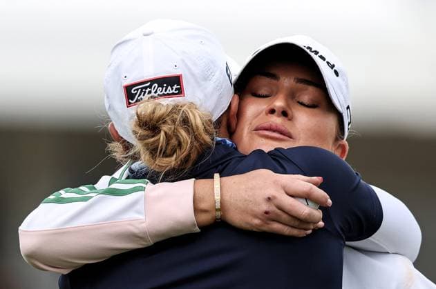 2024 KPMG Women s Irish Open, Carton House, Kildare 1 9 2024 Annabel Dimmock shares a hug with Pauline Roussin-Bouchard after winning Annabel Dimmock shares a hug with Pauline Roussin-Bouchard after winning 1 9 2024  Copyright: x INPHO BenxBradyx BB4_6559