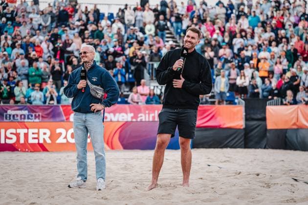 Beachvolleyball Frauen und Männer Allianz German Beach Tour Deutsche Beachvolleyball-Meisterschaft 2024 01.09.2024 v.l. Dirk Funk und Alexander Walkenhorst Timmendorfer Strand Ahmann-Hager-Arena Schleswig-Holstein Deutschland