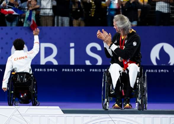 PARIS, FRANCE - SEPTEMBER 02: Thomas WANDSCHNEIDER (GER), startclass WH1 wins the bronce medal and celebrates during the winning ceremony Paris 2024 Summer Paralympic Games at Porte de la Chapelle Arena on September 02, 2024 in Paris, France. (Photo by Mika Volkmann DBS)
