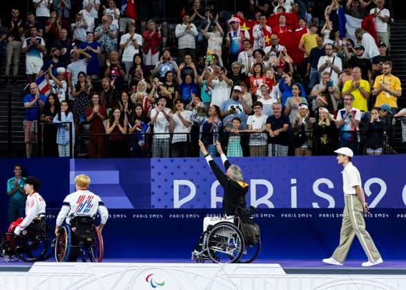 PARIS, FRANCE - SEPTEMBER 02: Thomas WANDSCHNEIDER (GER), startclass WH1 wins the bronce medal and celebrates during the winning ceremony Paris 2024 Summer Paralympic Games at Porte de la Chapelle Arena on September 02, 2024 in Paris, France. (Photo by Mika Volkmann DBS)