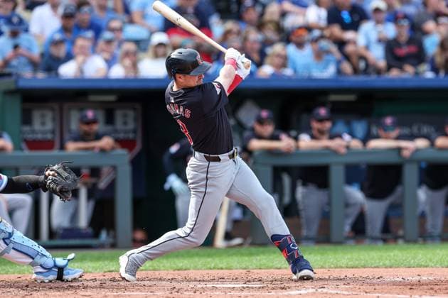 September 2, 2024: Cleveland Guardians center fielder Lane Thomas (8) hits a two run home run against the Kansas City Royals during the fifth inning at Kauffman Stadium in Kansas City, MO. CSM Kansas City United States of America - ZUMAc04_ 20240902_zma_c04_199 Copyright: xDavidxSmithx